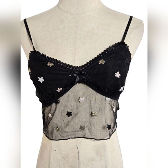 Black Sheer Star Embroidered Festival Crop Top - Picture 1 of 5